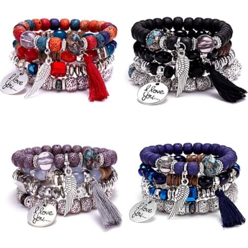 4pcs/set wings heart alloy pendant beads bohemian bracelets women lava stone wristband bangles for party