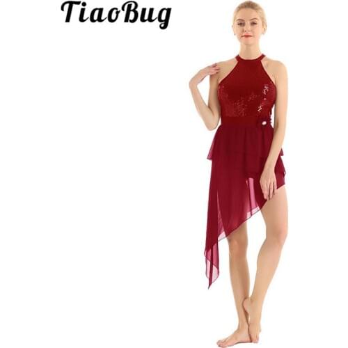 TiaoBug Adult Sequins Halter Asymmetrical Chiffon Gymnastics Leotards for Women Ballet Dress Contemporary Lyrical Dance Costumes