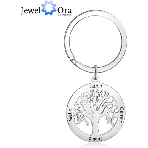 JewelOra Personalized Tree of Life Stainless Steel Keychains for Men Customize Family Names Engraved Key Chain Birthday Gifts