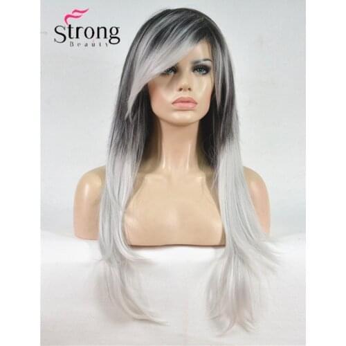 Long Straight Black/silvery Grey Ombre Side Swept Bangs Synthetic Wig