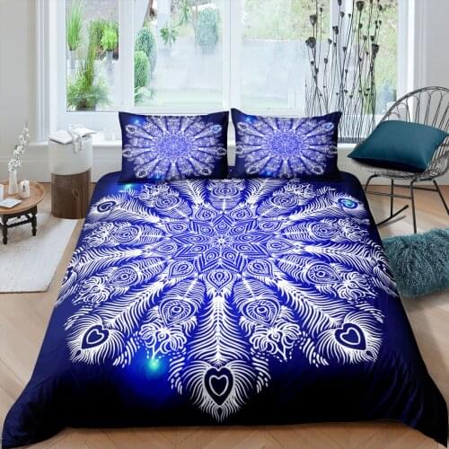Home Textiles Luxury 3D Feather Mandala Print Duvet Cover Set 2/3 Pcs Pillowcase Kid Bedding Set AU/EU/UK/US Queen and King Size