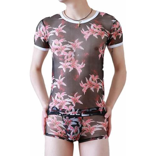 Men T-shirt Wrestling Singlet Men Mesh Breathable T-Shirts For Men Printed Sexy Transparent Undershirts Gay Bodysuit Men