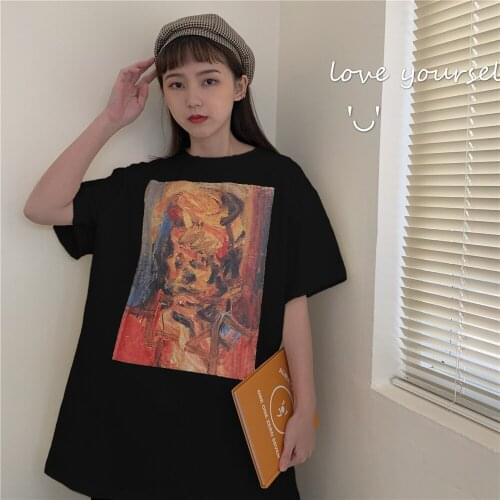 Vintage Paint Print Ins T-shirt Womens T-shirts Tops Japanese Kawaii Ladies Ulzzang Female Korean Harajuku Clothes For Women