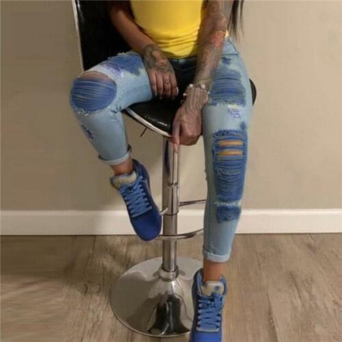 Hirigin 2020 Sexy Women Slim Jeans Trousers Color Contrast Patchwork Tassels Ripped High-waist Ruffles Denim Jeans Holes Trouser