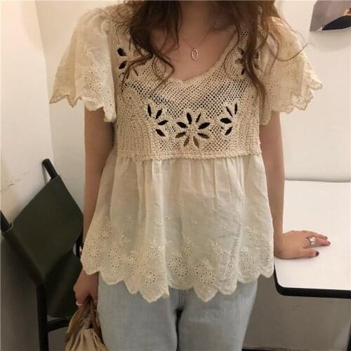 Hzirip Women Shirt 2020 Summer New Doll Girl Blouse Lace Hook Flower Hollow Short Sleeves Embroidery Sexy Loose Lady Tops