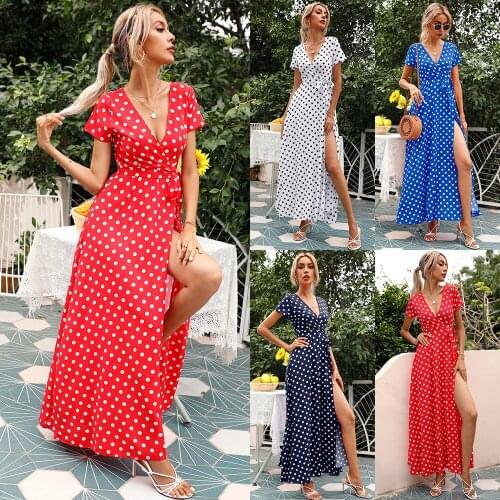 Summer Dress Womens Wave Point Print V-neck Slim Dress For Woman Split Lace Maxi Dresses Femme Robes Feminine Red Beach Dresses