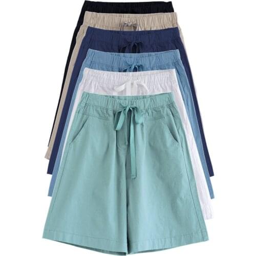 Summer Shorts Women Casual Drawstring Elastic Knee Length Bermuda Short Cotton High Waist Wide Leg Shorts Large Plus Size 8XL