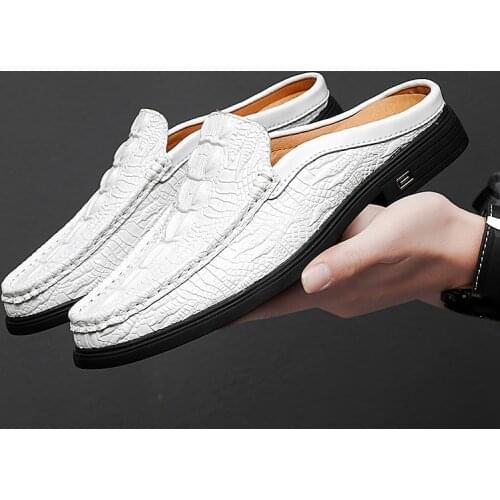 2021 Summer Half Drag Peas Leather Mens Driving Shoes Mens Slipper Penny Loafers Men Moccasins Man Mules Tenis Masculino White