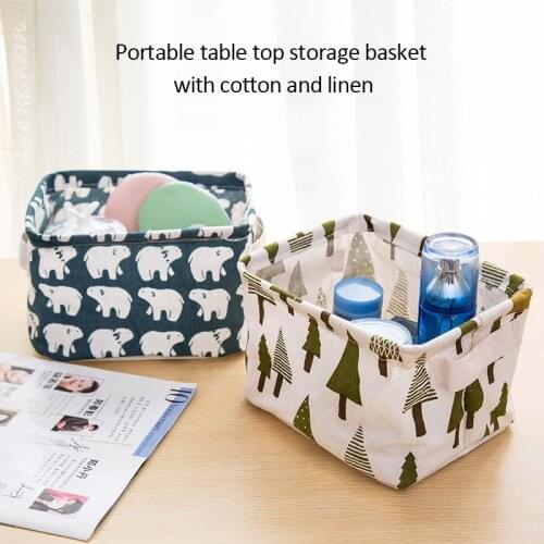 Desktop Storage Basket Cute Printing Waterproof Home Organizer Cotton Linen Sundries Storage Box Cabinet Underwear Storage Bag