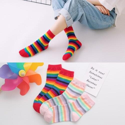 Korea Striped Rainbow High Socks Cotton Sports Sox Fashion Candy Color Girls Cute Sweet Harajuku Japanese Women Streetwear Socks