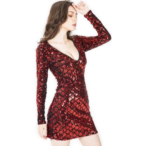 2019 New Europe and America Women Deep V Sexy Nightclub Sequins Embroidered Dress Party Dress Dress