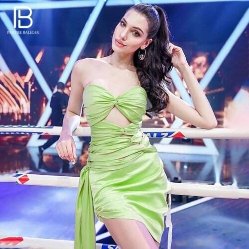 PB Chic Green Satin Mini Dress Twist Design Sexy Strapless Hollow Out Celebrity Party Club Vestido Free Shipping