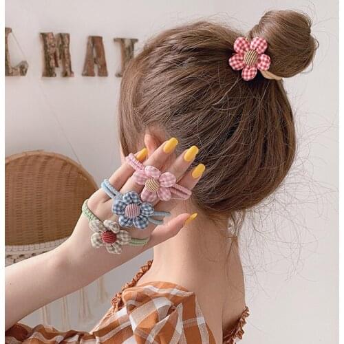 Korean Fashion Flower Hair Accessories Baby Plaid Flower Hair Ties Womens Rubber Band