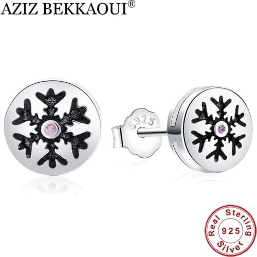 AZIZ BEKKAOUI Authentic 925 Sterling Silver Pink Crystals Snowflake Small Stud Earrings for Women Fashion Jewelry Gift