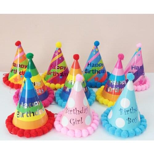 Birthday Caps Baby Kid Rainbow Birthday Party Hat Child Crown Decoration Pompon Paper Cap Cartoon Pattern Festival Birthday Hat