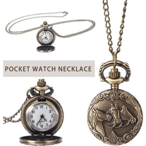 Shellhard 1pc Retro Bronze 3 Horses Case Engraved Quartz Pocket Watch With Necklace Chain Pendant Jewelry Gift For Birtday