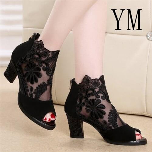 Fashion Summer Mesh Peep Toe Sandals Sexy Heels Single Shoes Lace Pumps Woman High Heel Fashion Lace Women Shoes Platform Ladie