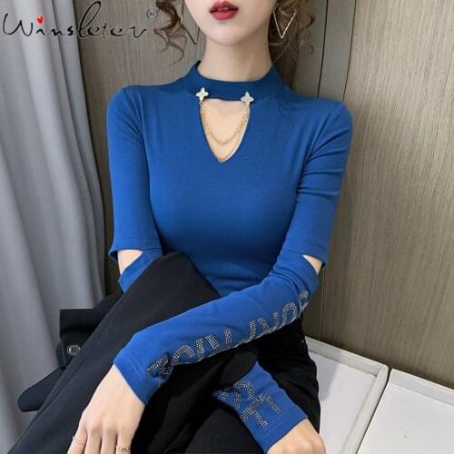 Spring Fall European Clothes T-Shirt Fashion Sexy Hollow Out Chain Shiny Diamonds Letter Women Tops Long Sleeve Tees New T17727A