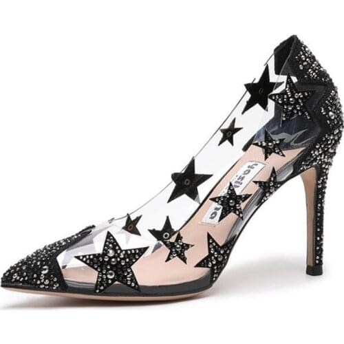 HOT Women Shoes Pointed Toe Women Pumps Wedding Dress Sequined Cloth Slip On 9CM Thin High Heels Pointed Toe Rhinestones Shallow
