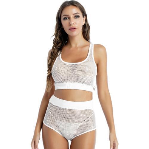 Women Exotic Hollow Out See-through Mesh Lingerie Set Nightwear Sleeveless Cropped Tank Top with Elastic Waistband Sexy Pants