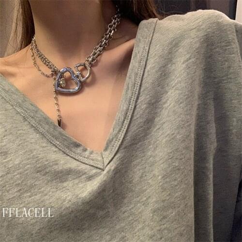 FFLACELL Fashion Hip-hop Heart Necklace Thick Chain Personality Clavicle Chain Choker Necklace Women Party Accessories