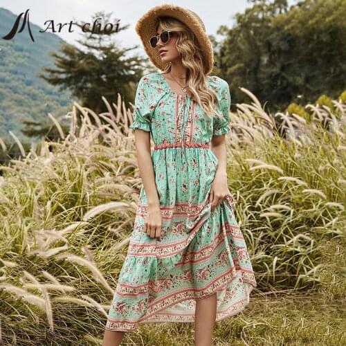 Europe America Summer Beach Bandage Flowered Splicing Long Dress Women Puff Sleeve A-Line Belt Bodycon Vestido Boho Dresses