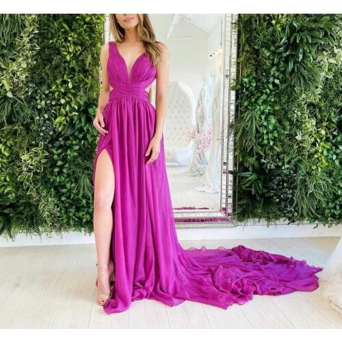 Sexy Long Chiffon V-Neck Mermaid Evening Dresses with Slit Floor Length Backless Pleated Formal Party Dresses for Women