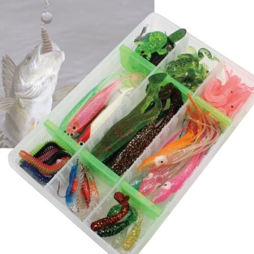 43pcs/box soft bait sea fishing tackle frog Squid Lizards wobbler jigging fishing lure silicone bait soft worm shrimp Tackle Box