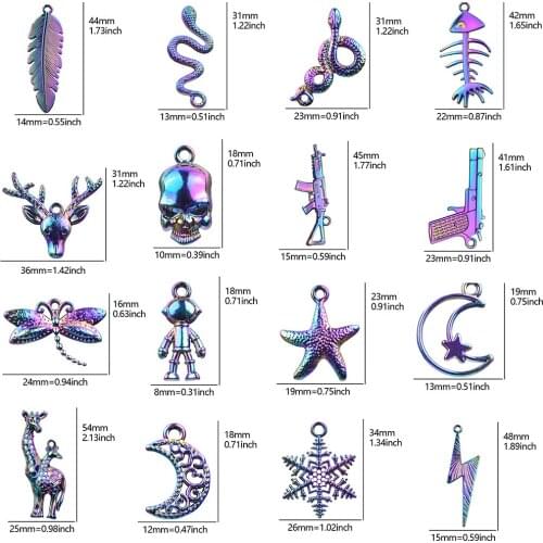 5Pcs/Lot Rainbow Color Flash Leaf Snowflake Snake Gun Moon Fish Charms Diy Pendant Women Keychain Earrings Jewelry Wholesale