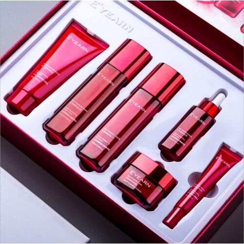 6Pcs Red Pomegranate Cleansing Facial Milk Moisturizing Eye Cream Moisturizing Lotion Firming Toner Anti-Wrinkle Essence Cream