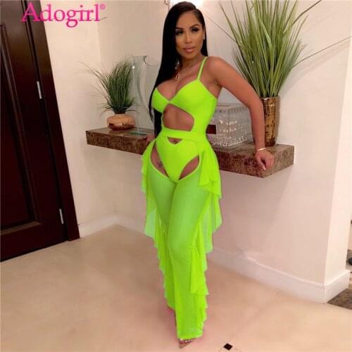 Adogirl Fluorescence Color Fashion Casual Two Piece Set Hollow Out Spaghetti Straps Bodysuit Swimwear + Ruffle Sheer Mesh Pants