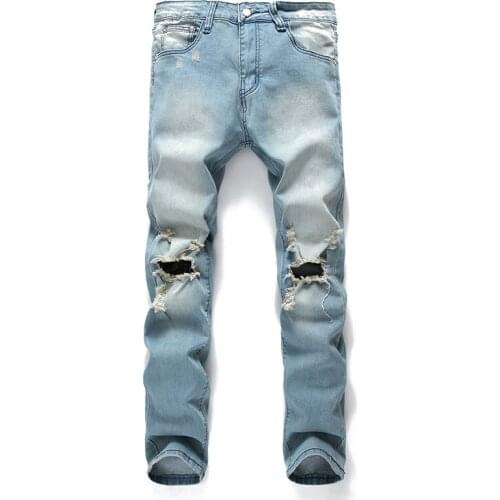 Gersri Ripped Jean Pants Biker Skinny Slim Straight Frayed Denim Knee Hole Trousers New Fashion Men Clothes Long Pants Big Size