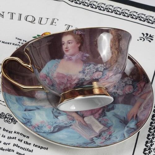 European Court Figure Oil Painting Bone China Coffee Cup and Saucers coffee cup sets tea cup set party Wedding Gifts