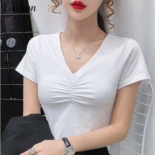 Summer Clothes Women Basic T-shirts Cotton With Short Sleeve Tops Woman T-Shirt Female V-Neck Fashion Shirring Tee Top Female