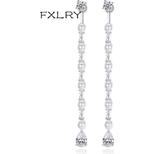 FXLRY New Design Personality White Color Cubic Zircon Charm Long Simulated Pearl Earrings Wedding JEWELRY Accessories
