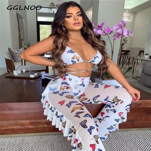 GGLNOO Summer New See Through Lace Open Beach Hollow Out Fashion Bikini Top Group Long Pants Slim Women 3 Piece Set GG23233