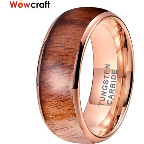 8mm Tungsten Rose Gold Color Wood Ring for Women Men Domed Polished Shiny Comfort Fit