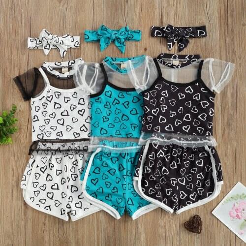 Summer Kids Girl Clothes Set Heart Print Short Sleeve T-Shirt + Camisole + Shorts+ Headband 4Pcs Outfits 18 Months-6 Years