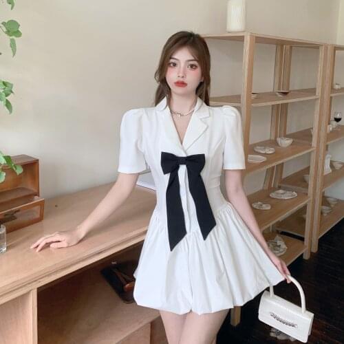 Summer Mini Dress Women White Puff Sleeve Korean Style Fairy Dress Bows Japan Style Kawaii Elegant Vintage Blazer Party Dress