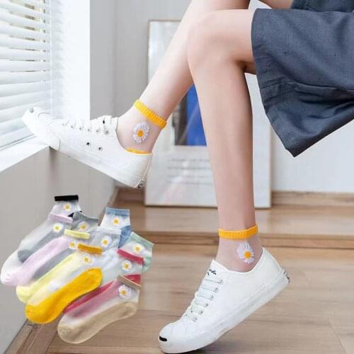 Summer Womens Ultra-thin Fiberglass Silk Ankle Socks Fashion Daisy Flower Comfortable Transparent Breathable Cool Stockings
