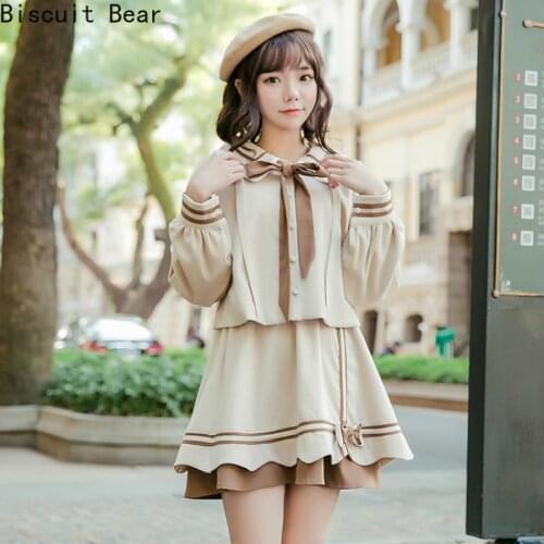 Biscuit Bear Japanese Cute Dress School Uniform Women Lolita Sailor Callor Dress Korean Bandage For Girl Two Piece Set Dresses