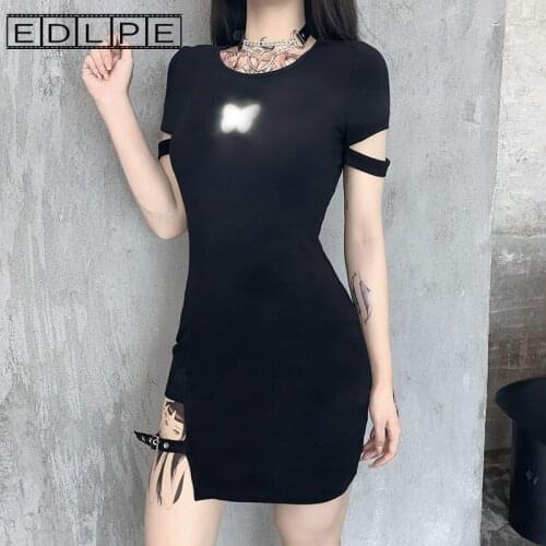 Fashion Design Shoulder Sleeve Dress Female Ins Fork Reflective Butterfly Print A-line Skirt Tide Gothic Unif Dresses for Women