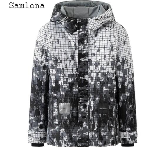 Samlona Mens Fashion Tops Leisure Cotton Coats 2021 Autumn Winter Warm Jacket Zipper Pocket Plaid Print Outerwear Men Clothing