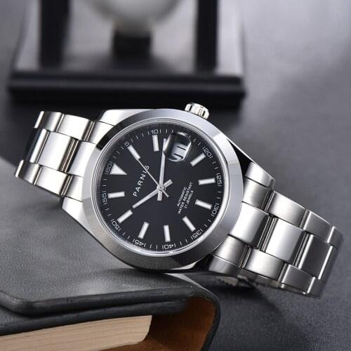 Parnis Black Dial Mens Watches Calendar Miyota 8215 Movement 21 Jewels Automatic Mechanical Stainless Steel Men Watch 2020 box