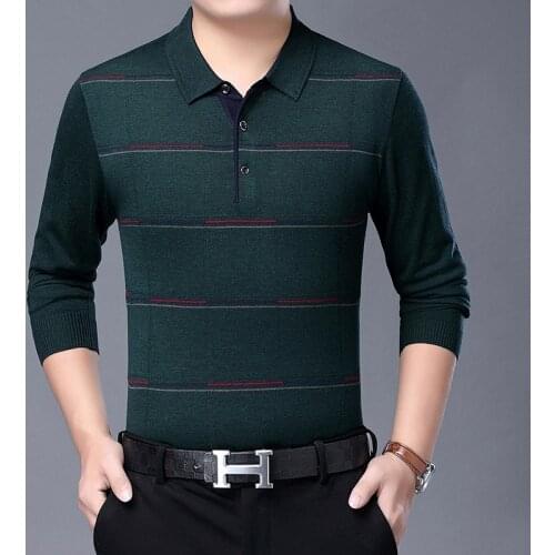 Middle Aged Male Wool Jumper Thin Sweater T Shirts Long Sleeve Casual Striped Turn-Down Collar Buttons Knit Clothing