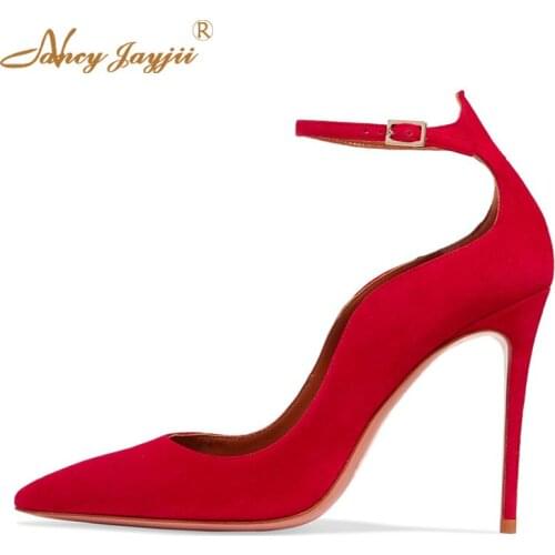 Handmade Womens Red Suede Ankle Strap Shoes High Heeled Pumps Pointy Toe Dress Causl Autumn Shoes For Chaussures femme Size 4-16