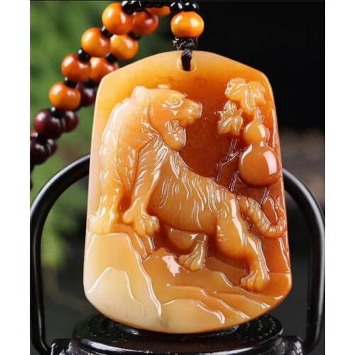 Natural Chinese Huang Carving women Pendant necklace Sweater chain