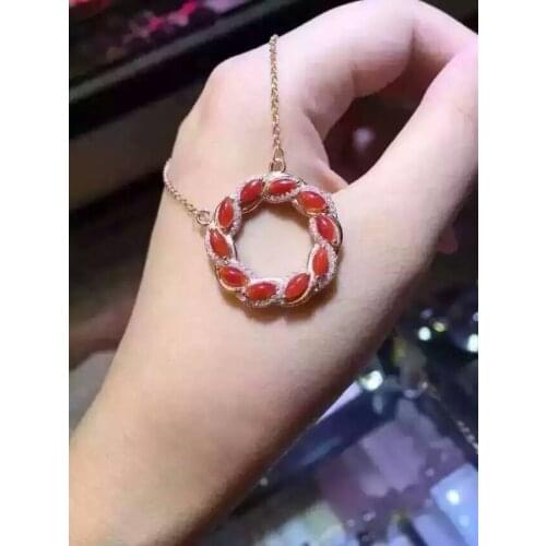 Natural red coral Necklace natural gemstone Pendant Necklace S925 silver Fashion Elegant Circle fire wheel women party Jewelry