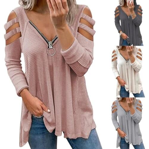 New sexy womens Strapless zipper V-neck shirt in spring and summer of 2021 plus size women clothing linen shirt women blouses