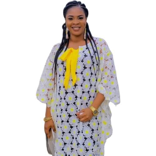 New Classic Design Dashiki African National Costume Abaya Water-Soluble Guipure Cord Lace & Inside 2-Piece Loose Long Dress Lady